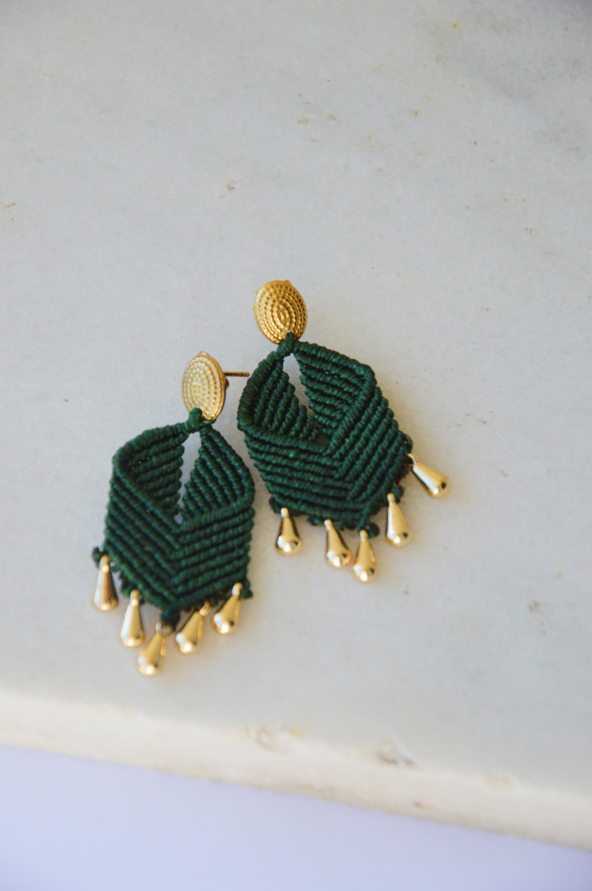 Dark Green macrame earrings with gold findings