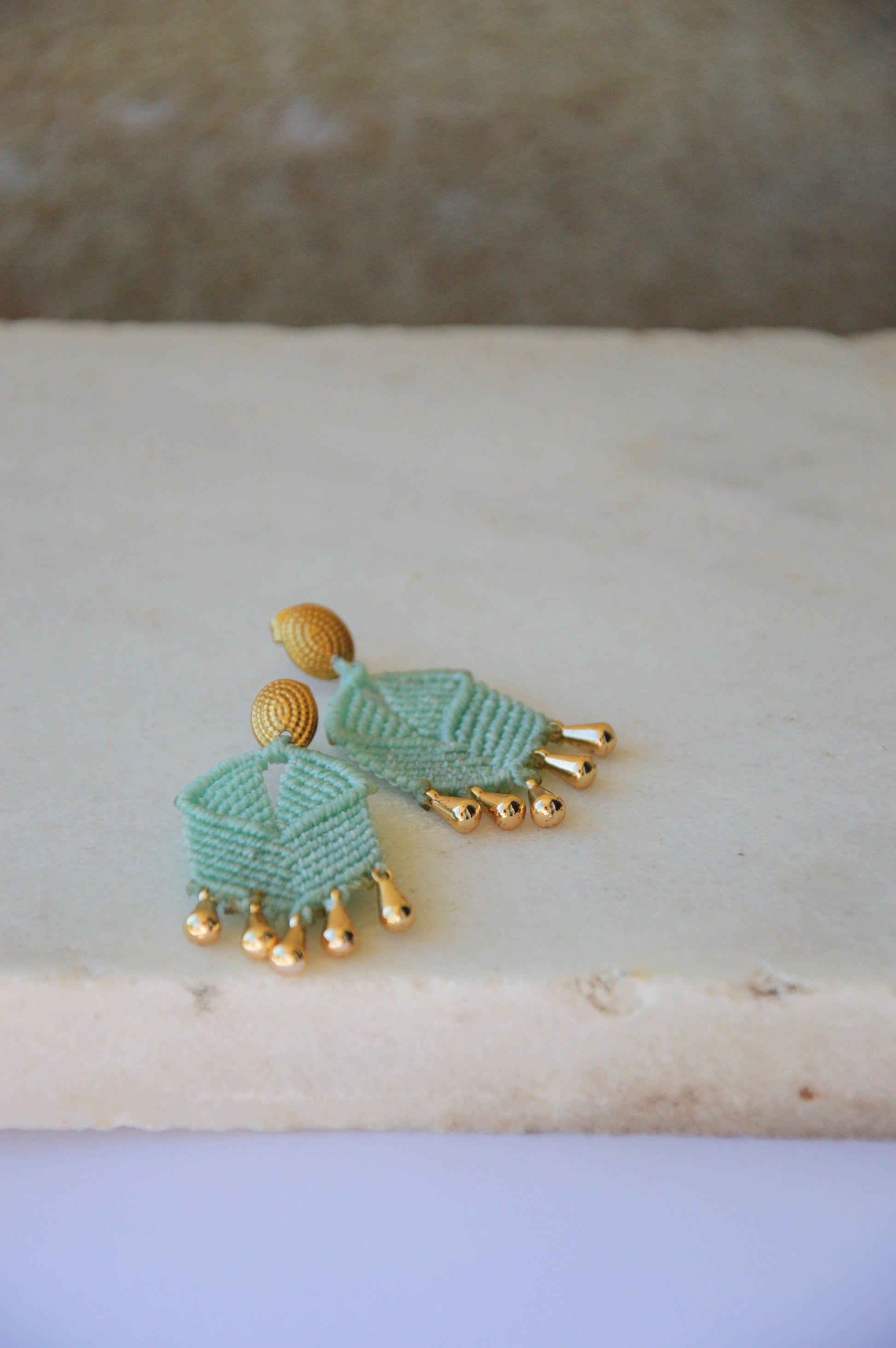 Light Blue macrame earrings with gold findings