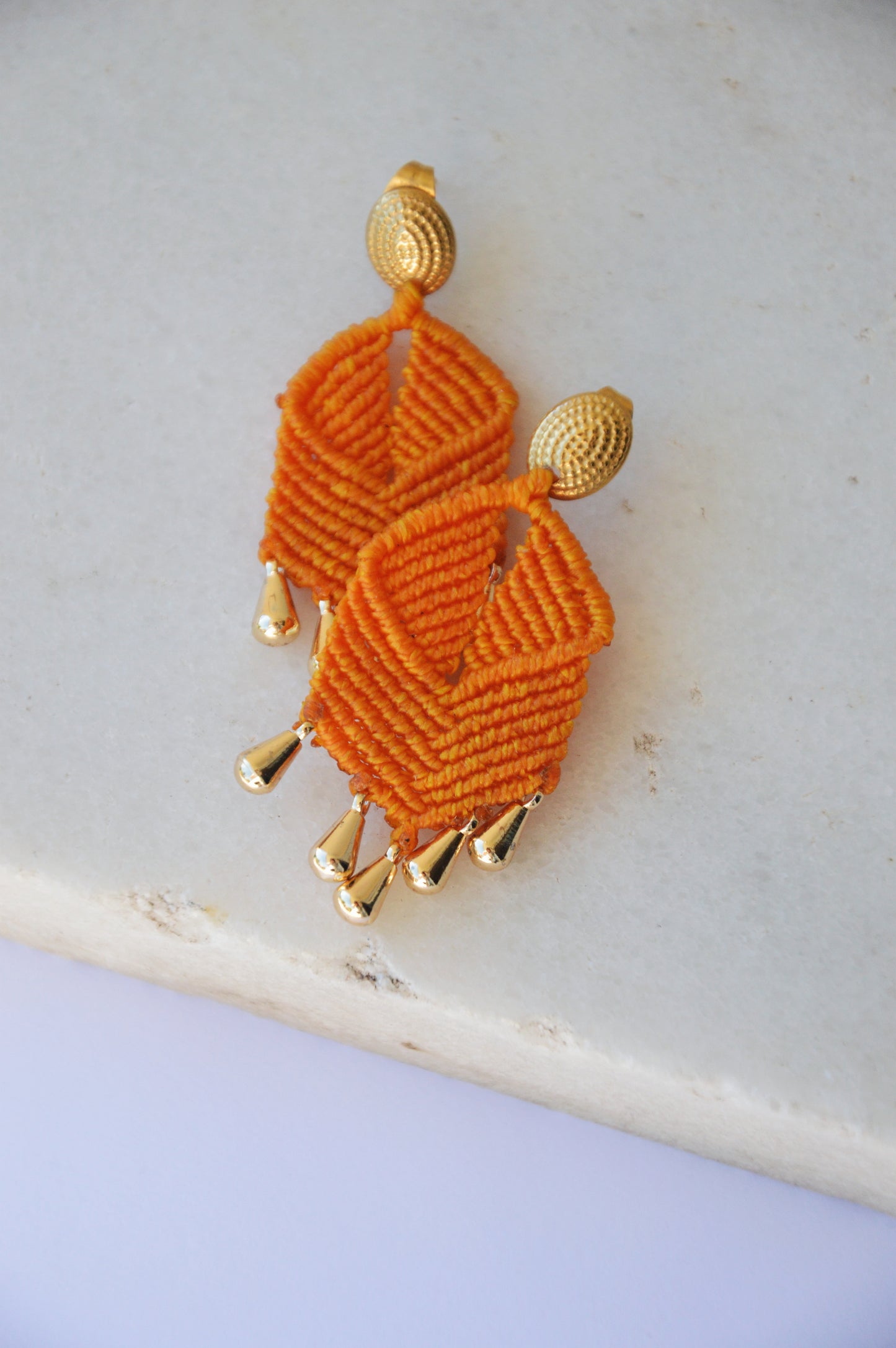 Orange macrame earrings with gold findings