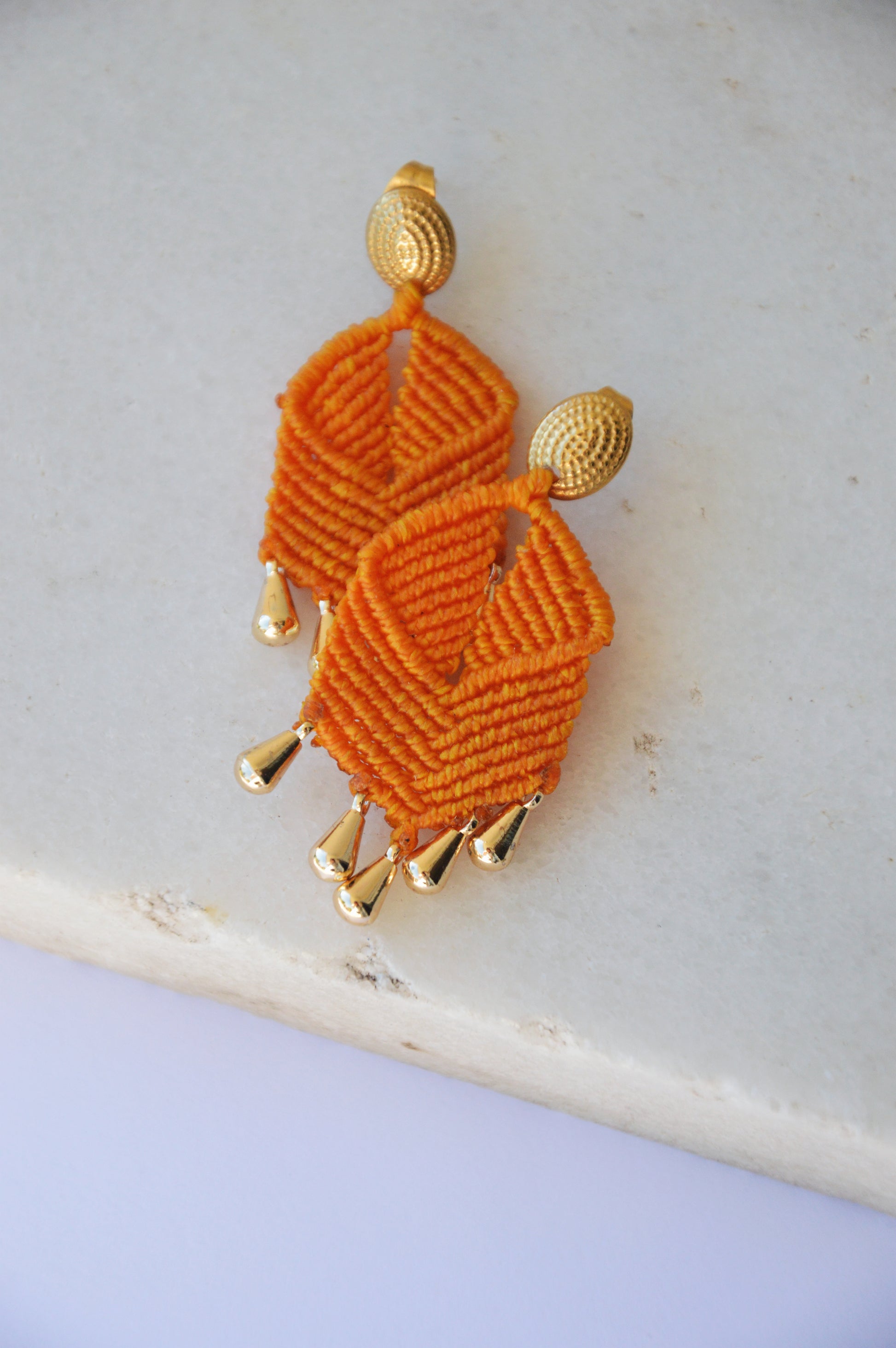 Orange macrame earrings with gold findings