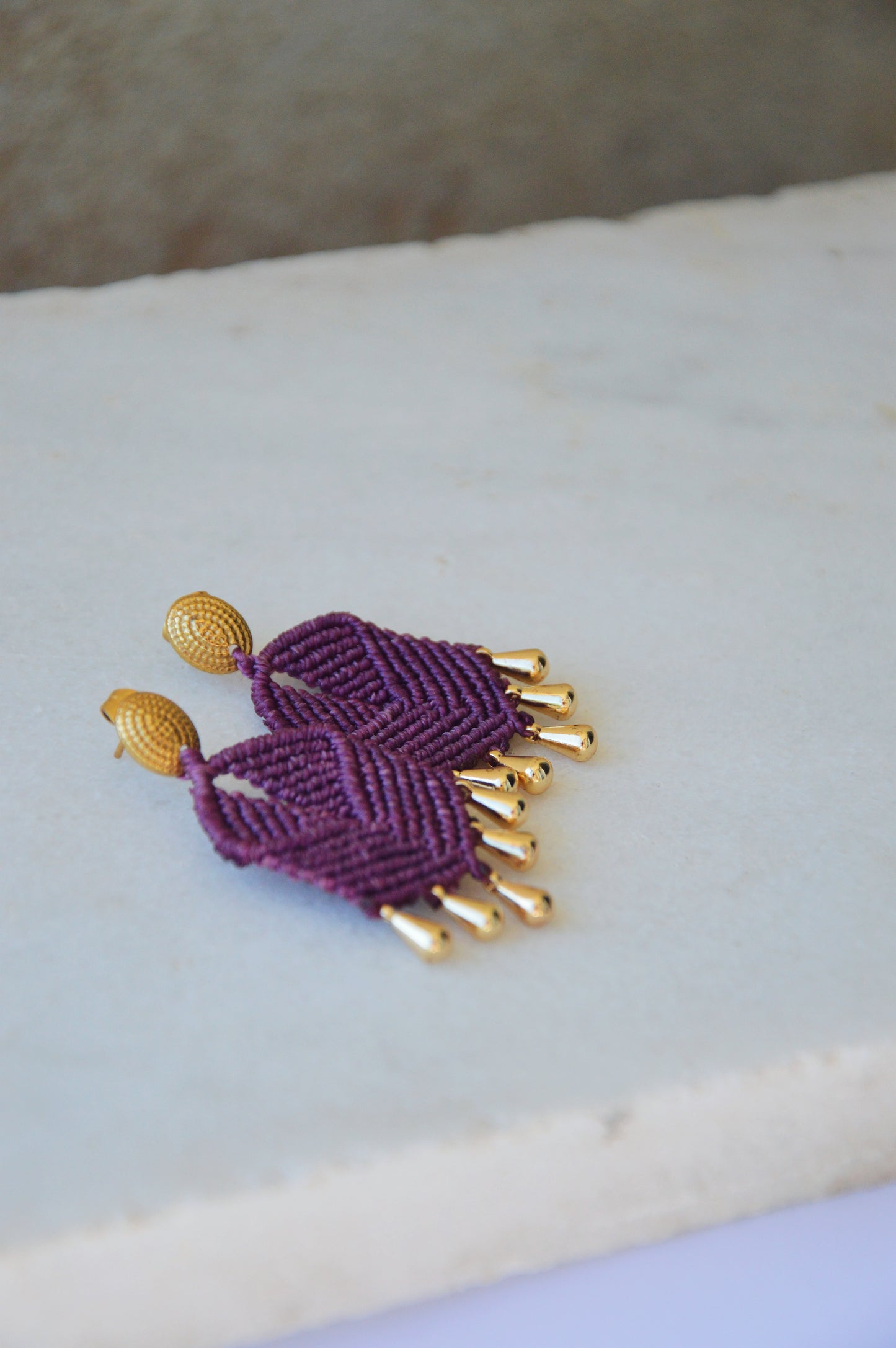 Purple macrame earrings with gold findings