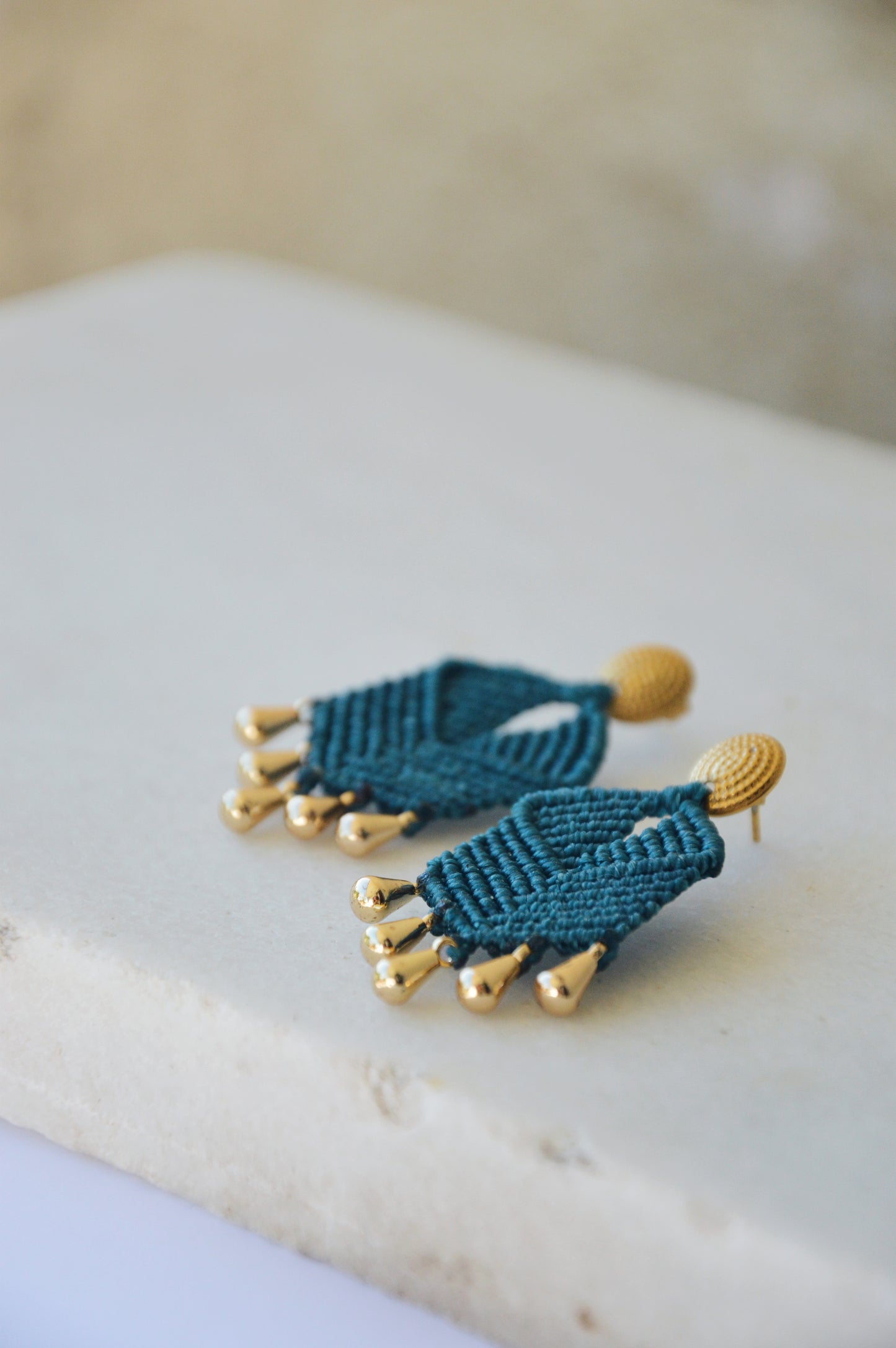 Teal macrame earrings with gold findings